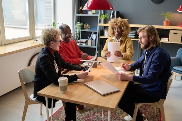 A team of coworkers gathered around a table in a conference room, engaged in an open and honest discussion with their manager. They are actively listening and sharing ideas, symbolizing transparent communication within the workplace.