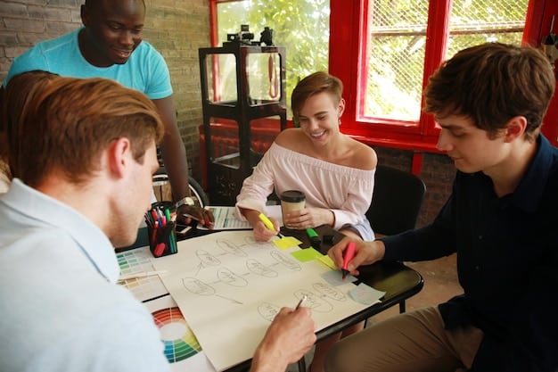 A team of designers and marketers engaged in a design thinking workshop, brainstorming ideas and sketching prototypes on a whiteboard.