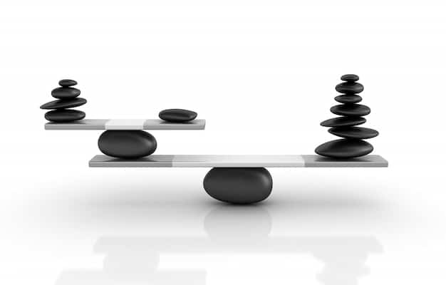 A visual representation of a balanced scale, one side labeled 