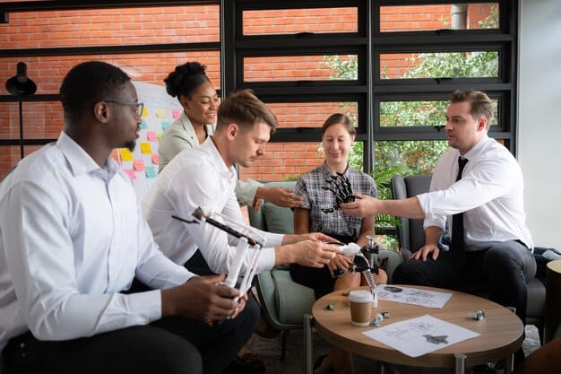 A manager facilitating a brainstorming session with team members, emphasizing collaborative problem-solving and open communication. The atmosphere should be inclusive and encouraging.