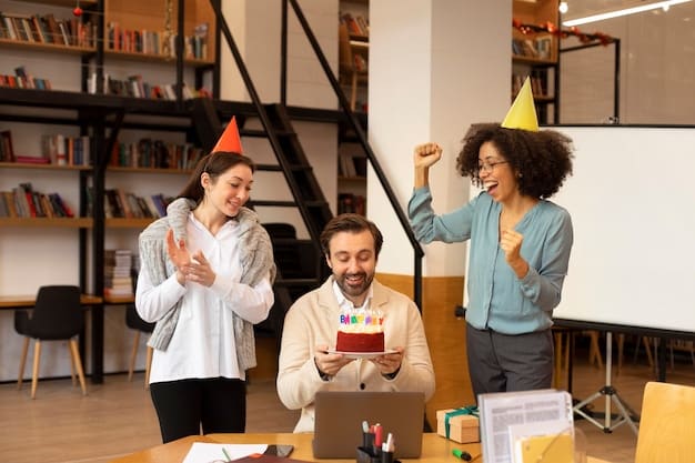 An employee receiving an award for their innovative idea, with their team cheering them on.
