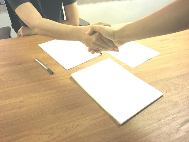 A close-up shot of two hands shaking firmly over a desk, with legal documents and a laptop visible in the background. The image symbolizes agreement and resolution in a business setting, specifically related to equity matters.