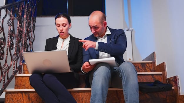 Two co-founders sitting opposite each other in a brightly lit conference room, looking stressed while reviewing legal documents related to an exit agreement.