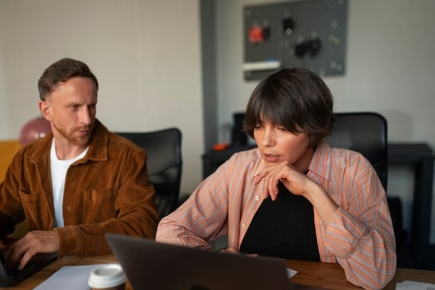 Two co-founders looking at each other in a tense meeting. One looks stressed, while the other looks unsympathetic, highlighting potential conflict and strain.