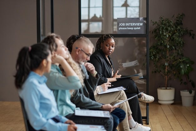 A diverse group of employees listening attentively to a speaker during a company-wide meeting. The atmosphere is calm and professional, with the speaker addressing the topic of company planning.