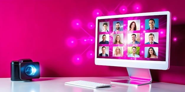 A co-founding team is engaged in a vibrant video conference call. Each member is in a different location, but they are all smiling and actively participating in the discussion, showcasing connectivity and engagement.