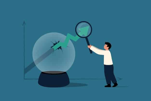 A digital illustration showing a magnifying glass hovering over a business chart, revealing hidden risks and opportunities within the startup's financial data. The illustration uses a clean, minimalist style with a color palette of blues and greens.