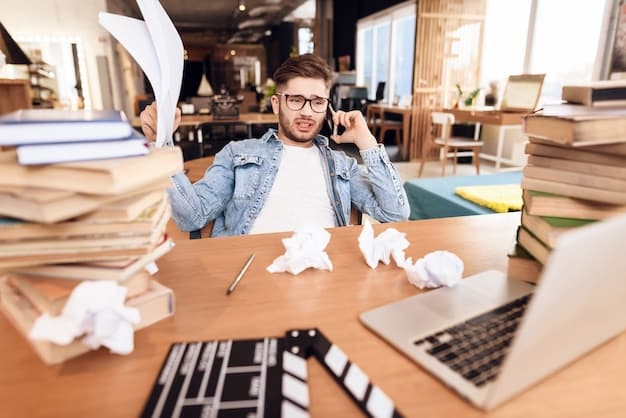 A frustrated small business owner sitting at a desk, surrounded by stacks of paperwork. The image conveys the stress and frustration of the grant application process.