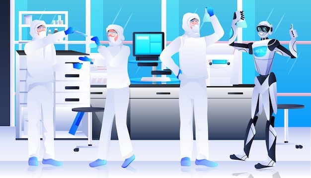 A visual representation of a biotech lab, showcasing researchers working with advanced equipment in a sterile environment, symbolizing innovation and scientific advancement.