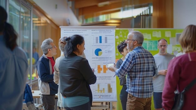 A person enthusiastically presenting a project idea to a group of people, using a whiteboard with diagrams and keywords like 