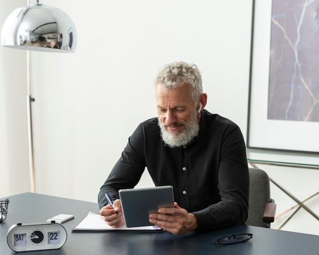 A close-up shot of an angel investor reviewing a startup's financial projections on a tablet, with a pen in hand and a stack of documents on the table.