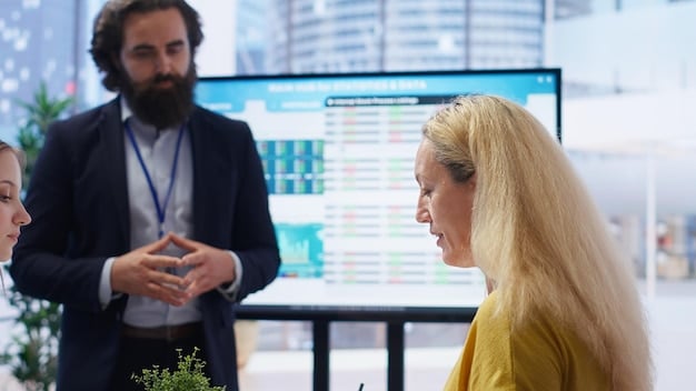 Three business professionals, two men and one woman, analyzing financial data on a large screen in a modern office setting. Graph shows steady growth of the company. The atmosphere is optimistic and collaborative, with digital tablets and notebooks scattered around, highlighting data-driven decision-making.
