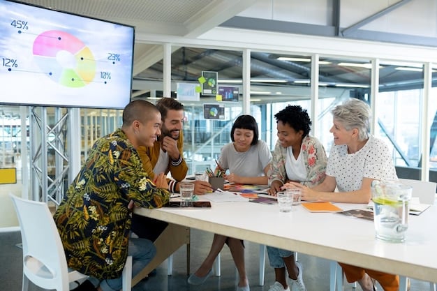 A diverse group of startup founders collaborating in a modern co-working space, with idea boards and laptops, representing the vibrant entrepreneurial community fostered by state incentives. The setting is bright and dynamic.