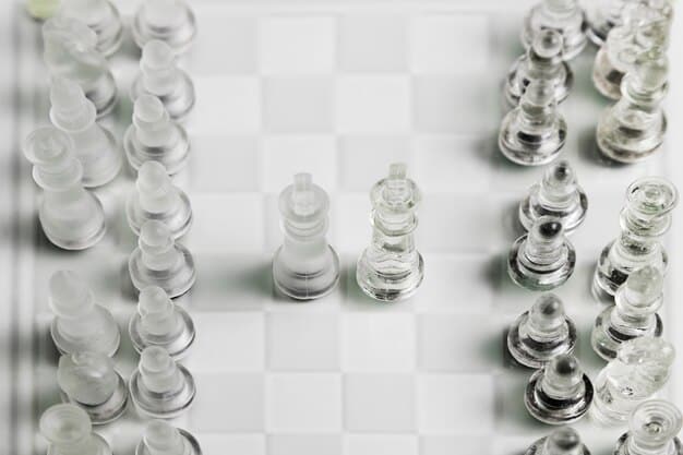 A chessboard with startup pieces strategically placed, some at the very beginning (pre-seed) and others moving towards success, showing the complex strategy of valuation.