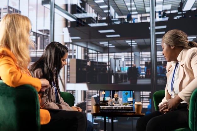 A sleek, modern startup office interior with diverse employees collaborating around a large monitor displaying complex code and data, emphasizing teamwork and technological advancement.