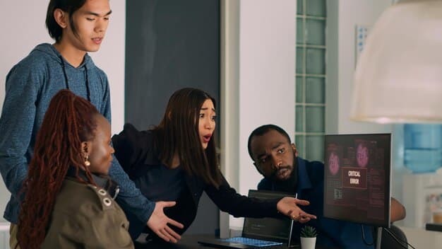 A diverse team of software engineers intently collaborating on complex code and algorithms on multiple screens, illustrating advanced AI and machine learning development in a modern tech office.