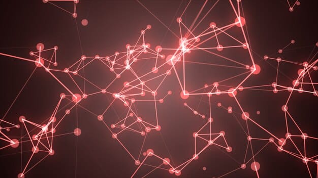 A complex web of interconnected digital nodes and lines, representing a software supply chain, with some nodes glowing red to signify vulnerabilities, against a backdrop of binary code.