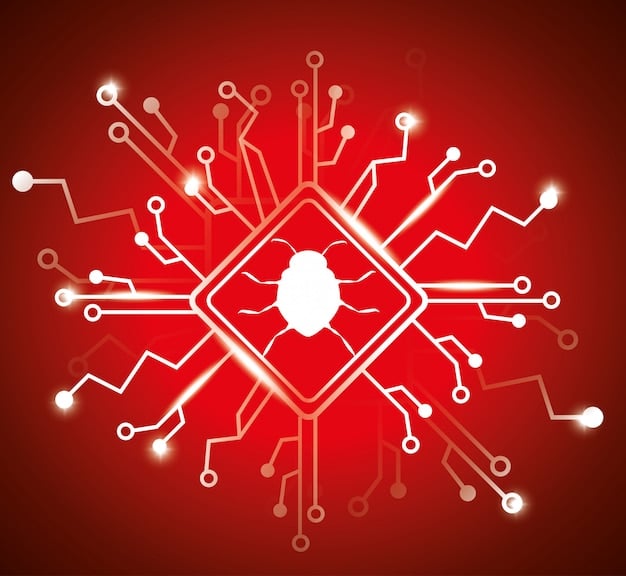 A diagram illustrating fragmented microservices communicating via APIs, with red warning signs indicating security vulnerabilities at the connection points, emphasizing unsecured microservices.