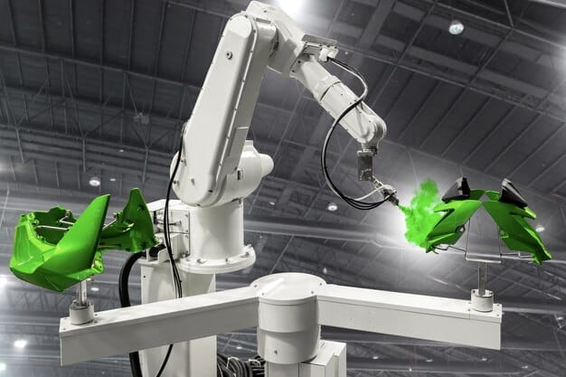 A clean, futuristic factory floor with robotic arms processing recycled materials into new products, symbolizing circular economy principles. The image highlights efficiency and advanced manufacturing.