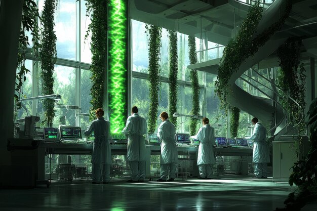 A futuristic laboratory setting with scientists working on advanced biological research, emphasizing innovation and collaboration in biotechnology.