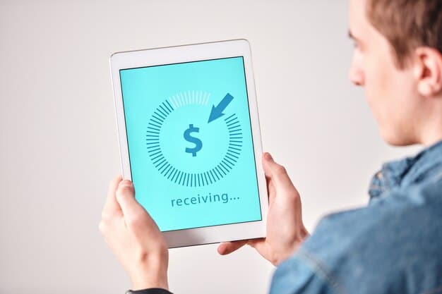 A close-up shot of a hand tapping on a tablet screen, showing a crowdfunding campaign page with a progress bar nearing its goal, surrounded by statistical graphs and digital marketing icons, emphasizing online engagement and success tracking.