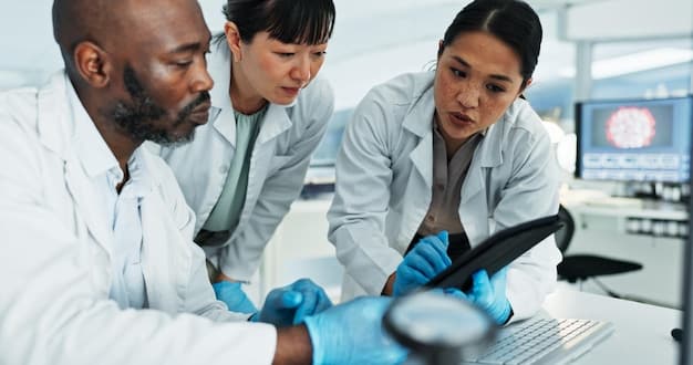 A close-up of a diverse team of scientists in a modern lab setting, intently examining a prototype or advanced equipment, symbolizing research and development.