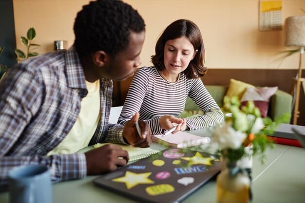 A diverse team discussing a pitch deck around a table, with one person pointing to a slide showing a competitor analysis matrix, highlighting unique selling points.
