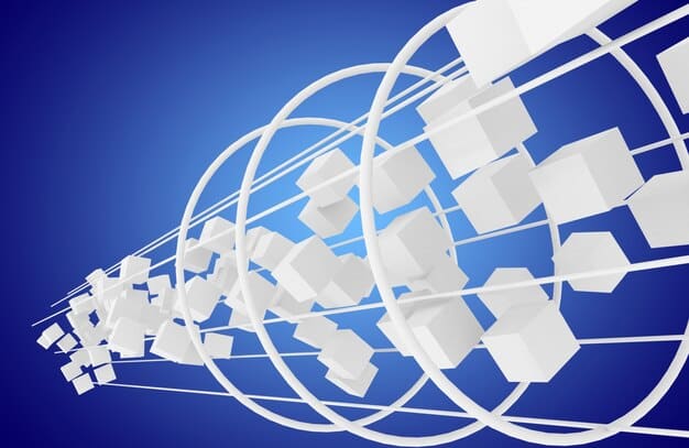 A visual representation of a complex, interconnected supply chain, with various blocks and arrows representing different components and vendors, and a glowing 