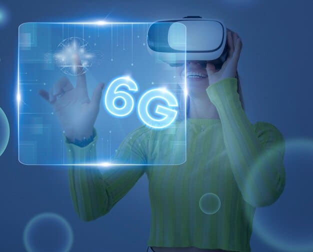 A sleek, modern VR headset wirelessly connected to a 5G network symbol, with a holographic display of a collaborative workspace or an immersive gaming environment projected from the headset.