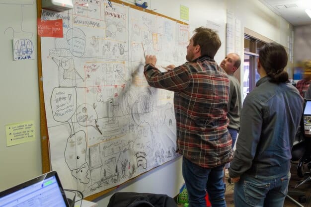 A tech startup team collaboratively sketching out system architecture diagrams on a whiteboard, with specific emphasis on cybersecurity and data flow lines.