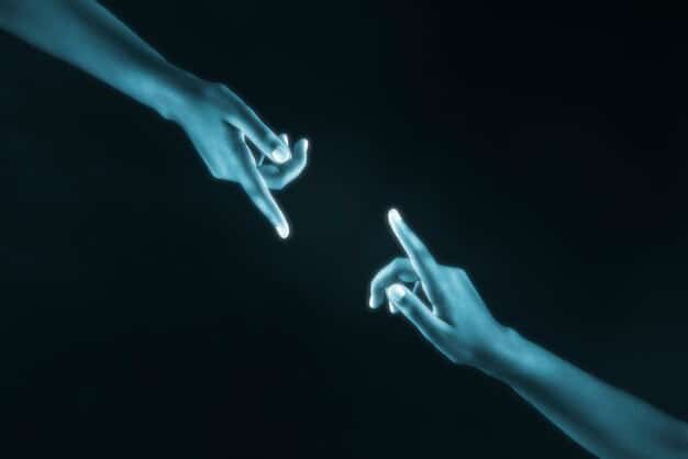 A stylized image showing a human hand reaching out to a digital interface, with subtle facial recognition indicators (like a wireframe around a face) but also symbols of protection, privacy locks, and responsible data flow. The overall tone is one of balance and ethical consideration in tech.