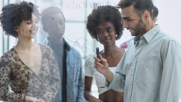 A diverse team of startup founders collaborating intensely around a whiteboard, sketching out business strategies and ideas, reflecting innovation and teamwork.