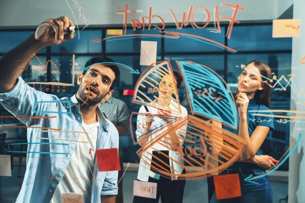 An optimistic startup team celebrating a milestone, surrounded by charts and plans, conveying success and forward momentum.