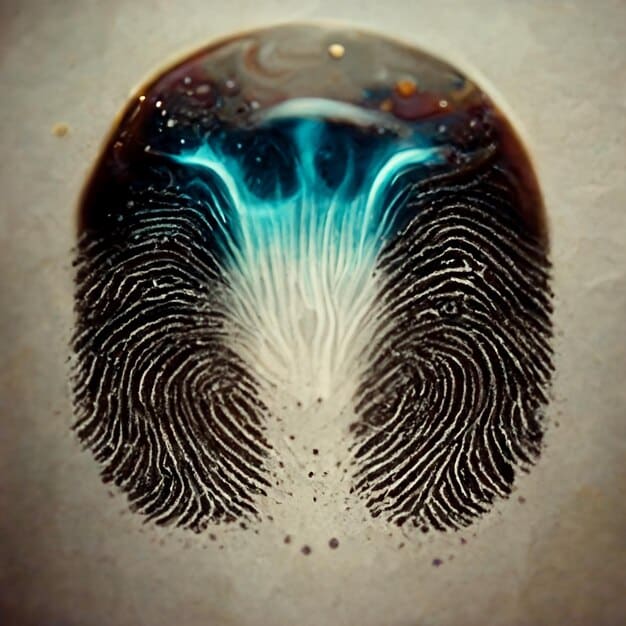 A digital fingerprint or complex cipher lock with a stern, official-looking stamp of 
