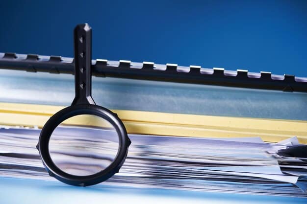 A legal document with a magnifying glass over it, highlighting complex clauses and small print related to compliance.