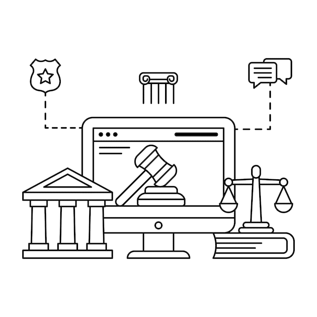 A stylized courtroom gavel resting on legal documents, next to a laptop displaying intellectual property icons like patents, trademarks, and copyrights, representing legal protection and compliance.