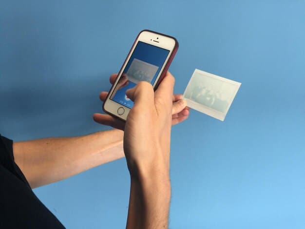 A person's hand holding a smartphone with a social media feed, where a clear 
