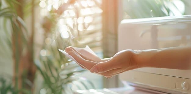 A close-up of a hand holding a product against a blurred background of a living room, with a subtle 