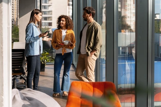 A diverse group of young professionals collaborating in a modern co-working space in a city like Austin or Raleigh, symbolizing the collaborative spirit and diverse talent pool available in US Startup Ecosystems Beyond Silicon Valley: Which Cities are Emerging as New Hubs in 2025?. The image should convey a sense of teamwork, creativity, and innovation.