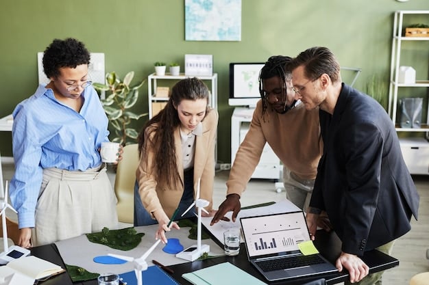 A startup team reviewing an ESG performance report, discussing key metrics and strategies for improvement. The image shows data analysis and the dedication toward ESG goals.