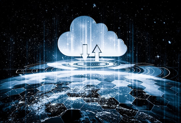 An abstract depiction of cloud infrastructure with security shields overlayed, illustrating the concept of cloud security and the protection of data in cloud environments.