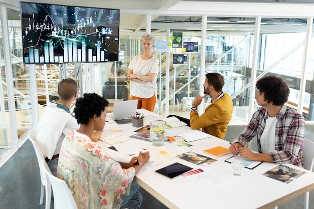 A visual representation of a fintech startup team brainstorming ideas in a modern office. The image aims to highlight collaborative problem-solving and the fast-paced culture often associated with innovative fintech companies, addressing the challenges of 'The Future of US Fintech Startups: Navigating Regulatory Hurdles and Market Competition'.