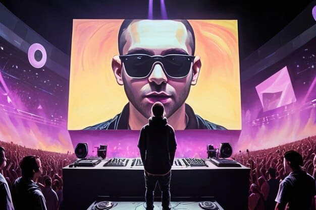 A virtual concert scene within the metaverse, showcasing a digital avatar of a popular musician performing on stage, with a large crowd of diverse avatars enjoying the show. The image emphasizes the immersive and engaging nature of virtual events, highlighting What are the Emerging Opportunities for US Startups in the Metaverse?