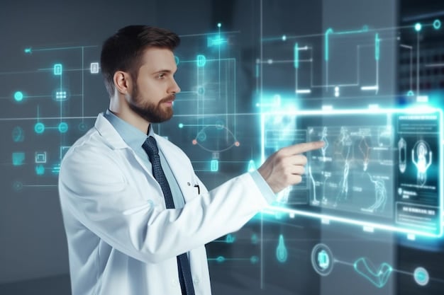 A doctor reviewing AI-powered diagnostic results on a holographic screen, symbolizing AI's impact on healthcare innovation.