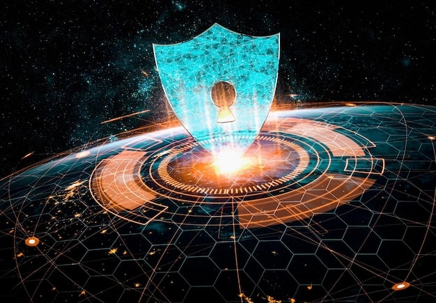 A visual representation of a cybersecurity shield protecting data, symbolizing the increasing importance of cybersecurity investments for US-based startups, aligned with the Venture Capital Outlook 2025: Key Trends and Investment Opportunities for US-Based Startups.