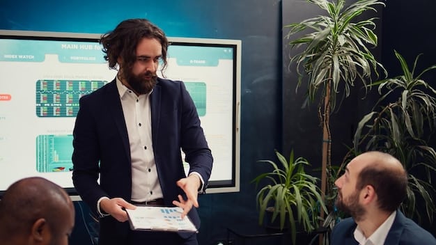 A photo of a startup founder pitching their business idea to a panel of sophisticated angel investors in a modern office setting. The founder is using a projector to showcase key metrics and growth projections. The investors are actively listening and taking notes, showcasing the dynamic and engaging interaction within angel investor networks in the US: finding the right funding partner for your startup.