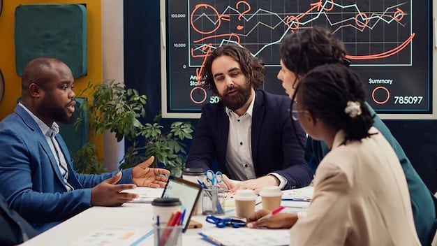 A meeting between a startup founder and venture capitalists, where they are discussing financial projections and growth strategies. The atmosphere is professional and collaborative, illustrating the due diligence process in securing Series A funding and the importance of presenting a solid financial plan.