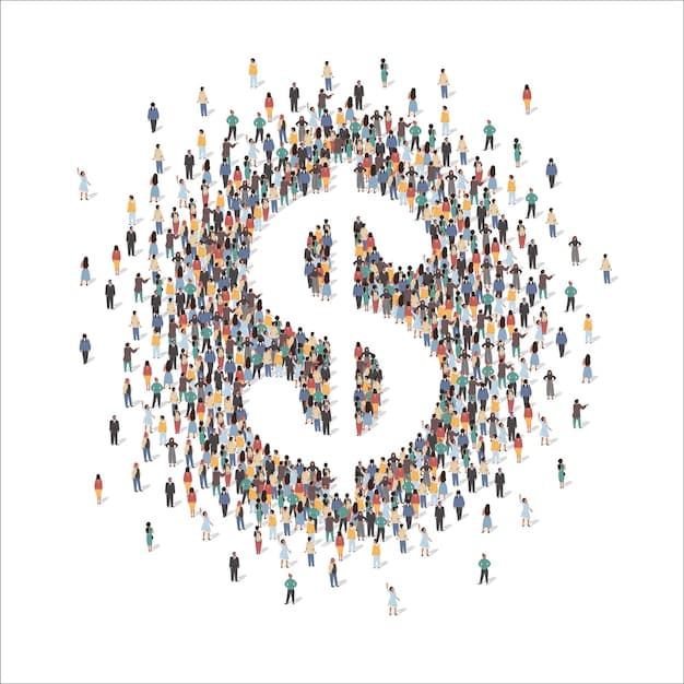 A digital illustration of a diverse crowd connected through a network, with dollar signs floating above their heads, representing collective funding through crowdfunding. The style is modern and inclusive.