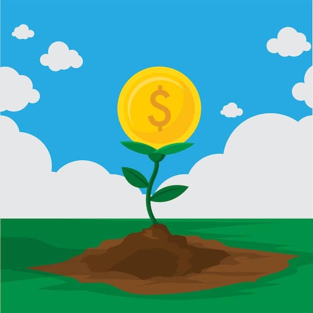 A stylized graphic depicting a growing plant with coins as soil and a rising sun. It symbolizes growth, investment, and the blossoming of startups through Equity Crowdfunding: A New Avenue for US Startups to Raise Capital. The visual is bright and optimistic, capturing the potential of new ventures.