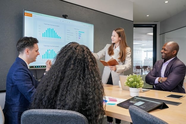 A founder confidently presenting a pitch deck on a large screen to a group of sophisticated investors seated around a modern conference table, symbolizing impactful communication and negotiation.